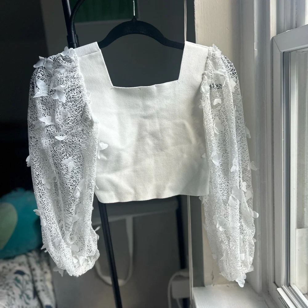 Free People White Square-Neck Puff Sleeve Crop Top